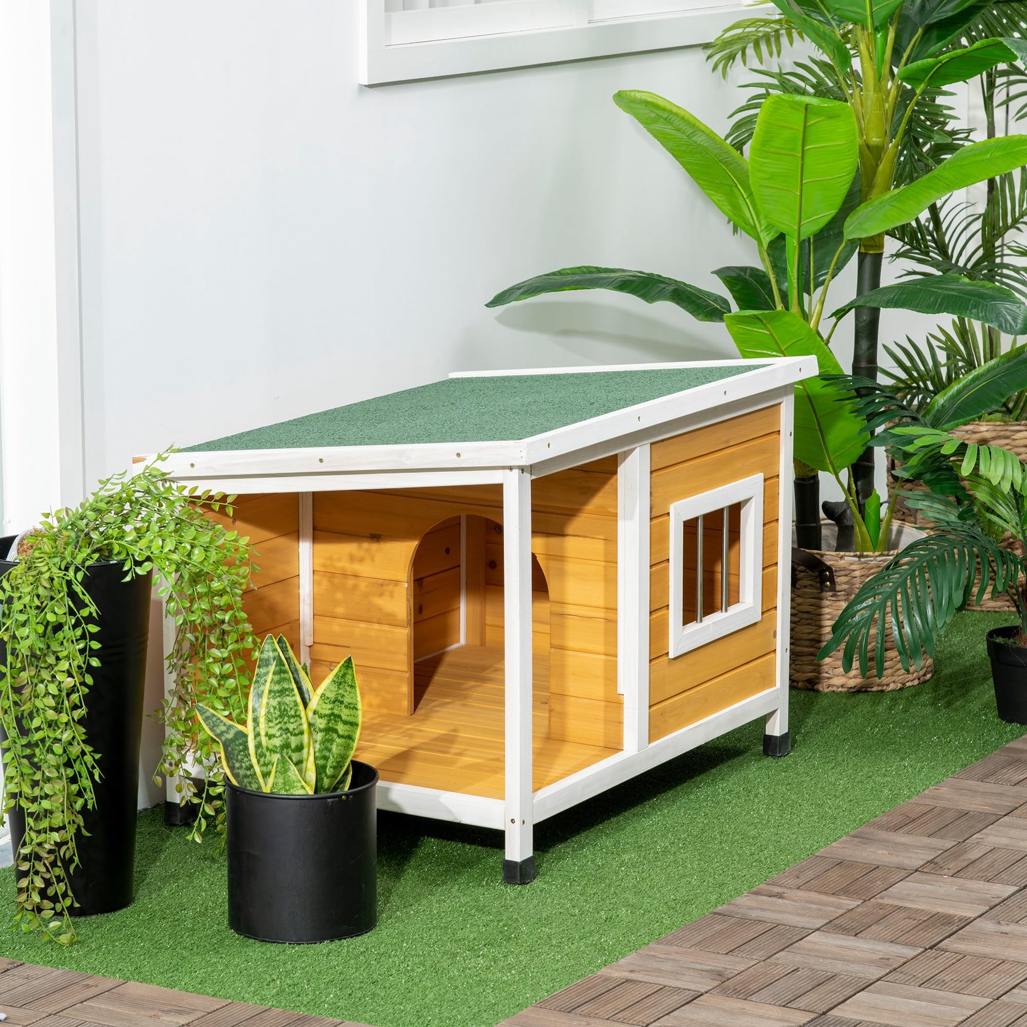 PawHut Caseta para Perros Exterior 85,5x62x60 cm Casa para Perros de Madera con Techo Asfáltico Abatible Puerta y Ventana para Perros Pequeños Natural
