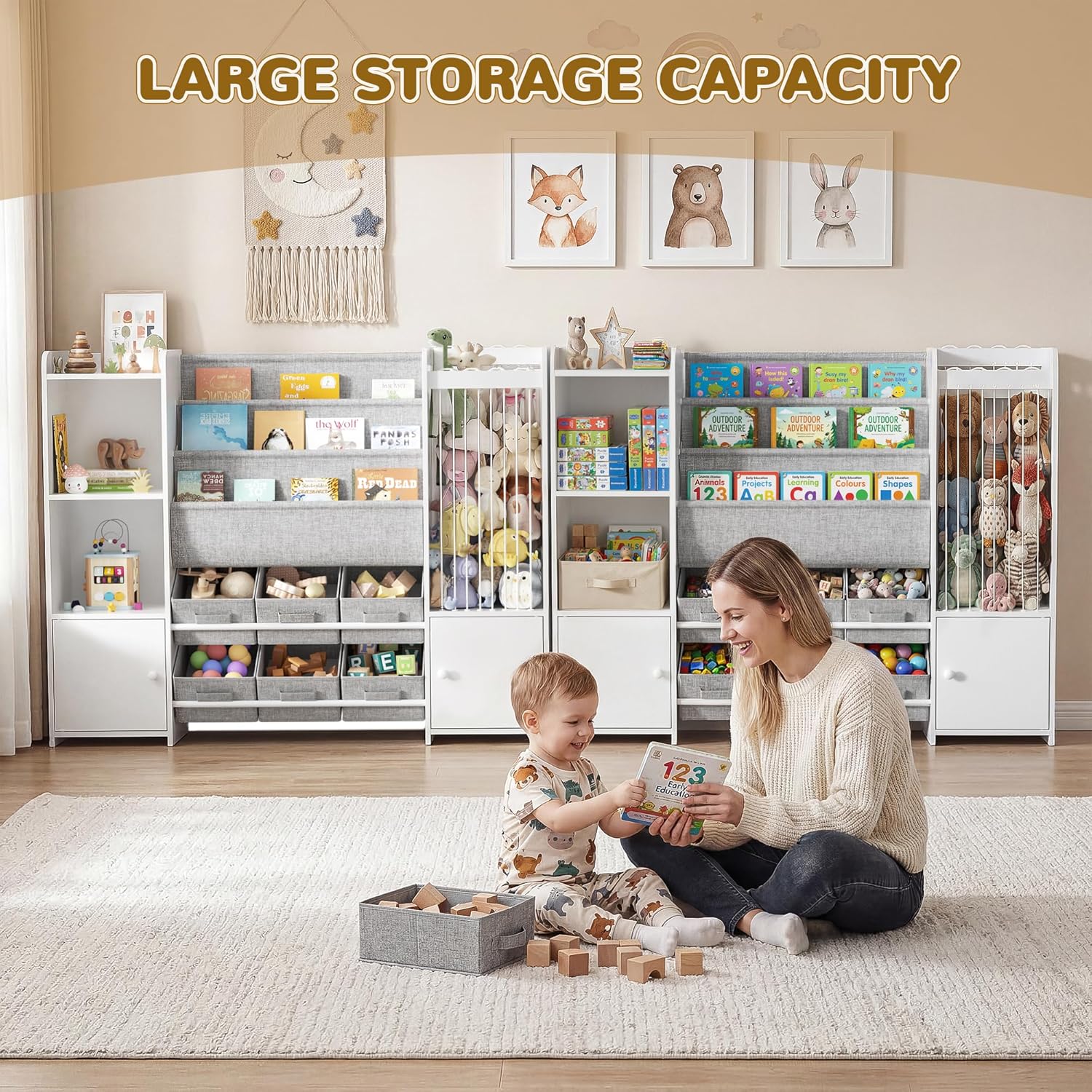 DTK Kids Toy Storage Organizer with Bookshelf, 6 Toy Bins & Stuffed Animal Storage Tube, Kids Book Rack & Toy Shelf Organizer for Playroom Storage, Kids Room Organization Cabinet with Doors