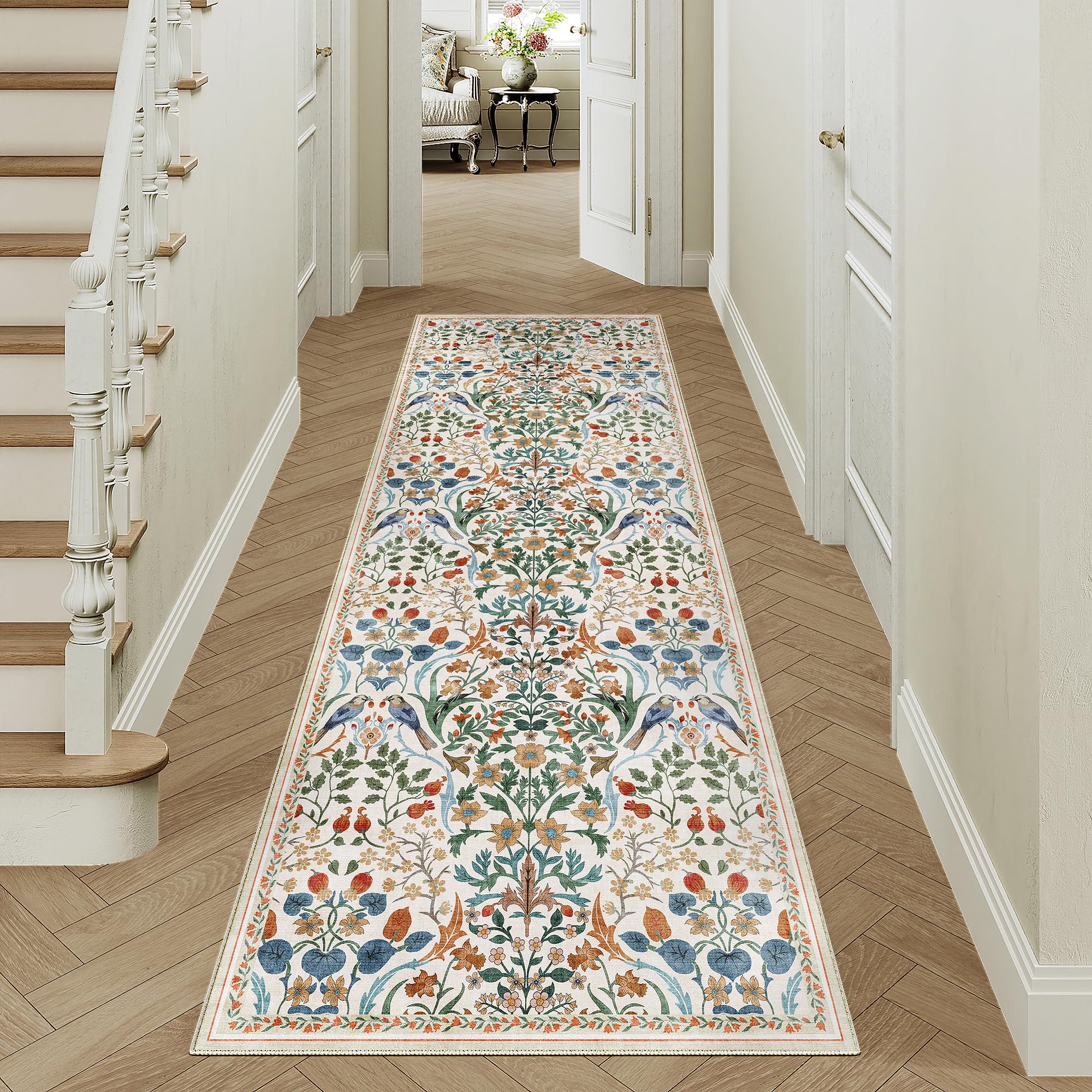 PureCozy Tappeto Corridoio 60x240cm Floreale Pelo Corto Antiscivolo Morbido Retro Lavabile Tappeti per Cucina Corridoio Piedi Del Letto Camera Da Letto Salotto Beige Rug