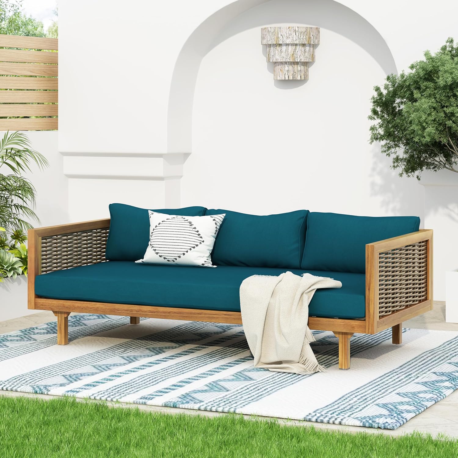 Merax 67.5" Acacia Wood Outdoor Patio Daybed 3-Seater Sofa Bed with Rattan Arms & Water-Resistant Cushions