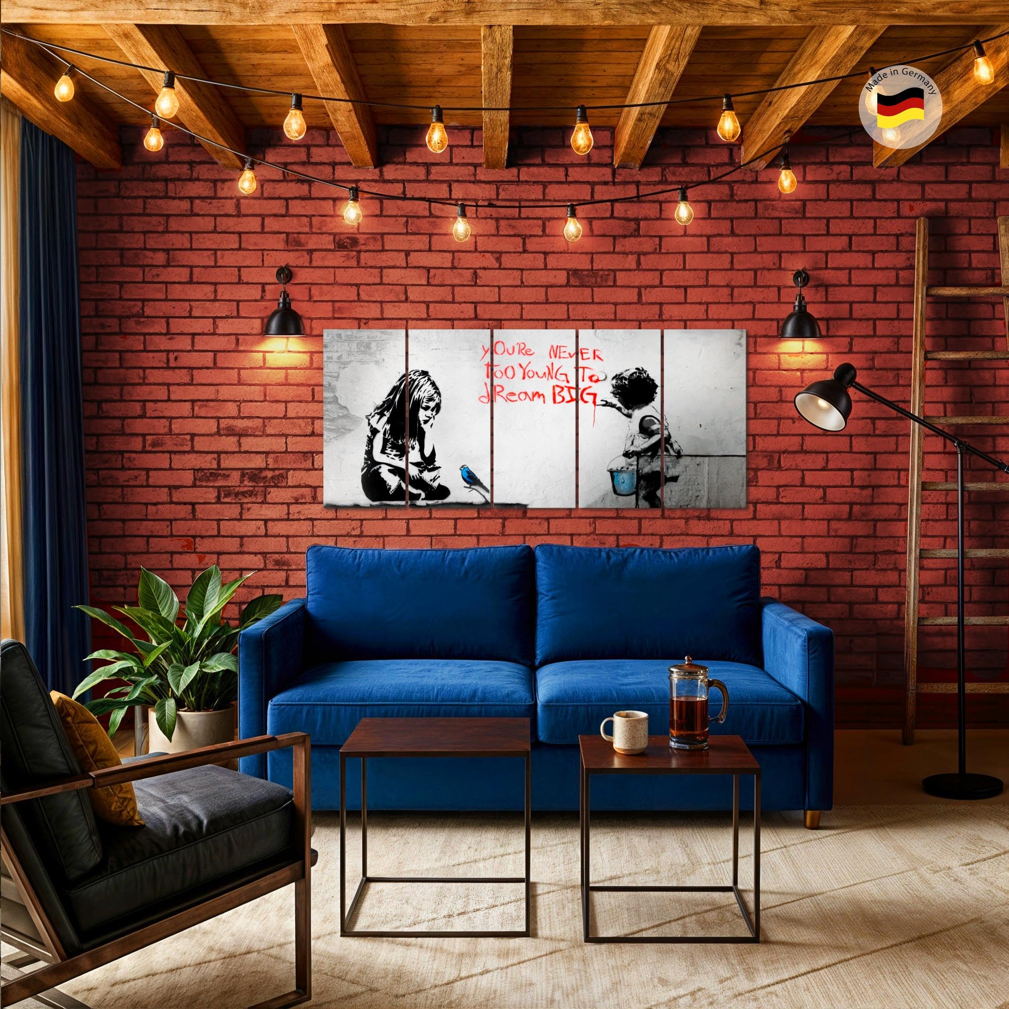 Runa Art Wandbild XXL Mädchen mit Vogel Loft Wohnzimmer 200 x 80 cm Grau Blau 5 Teilig - Made in Germany - 040655a