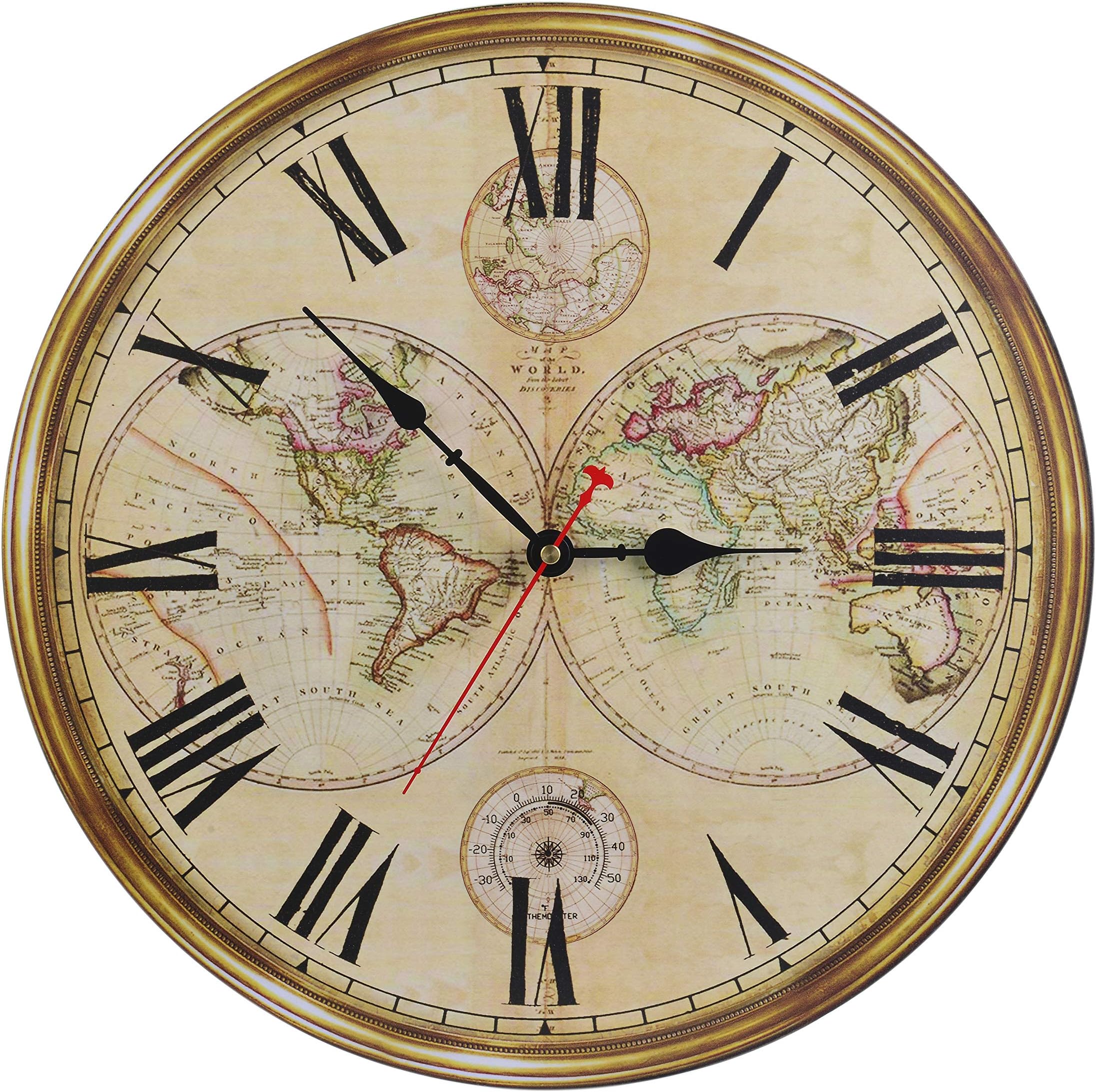 16-Inch Silent Non-Ticking Battery Operated Large Decorative Wall Clock with Classic Retro World Map Roman Numerals for Kitchen Living Room Bathroom Bedroom Wall Home Decor