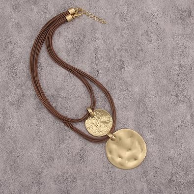 GelConnie Long Necklaces for Women Boho Large Pendant Necklace Casual Bohemian Brown Leather Choker Sweater Circle Statement Stone Necklace
