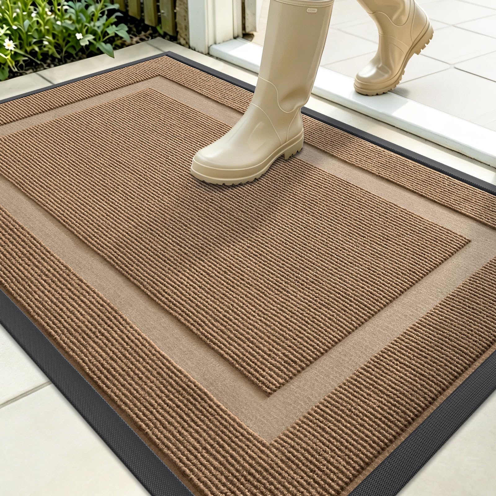 OLANLY Front Door Mat Outside 35x23, All-Season Heavy-Duty Rubber Doormat | Light Brown, Absorbent, Stain Fade Resistant, Waterproof Non-Slip Backing, Low-Profile Indoor Outdoor Floor Mat for Entryway