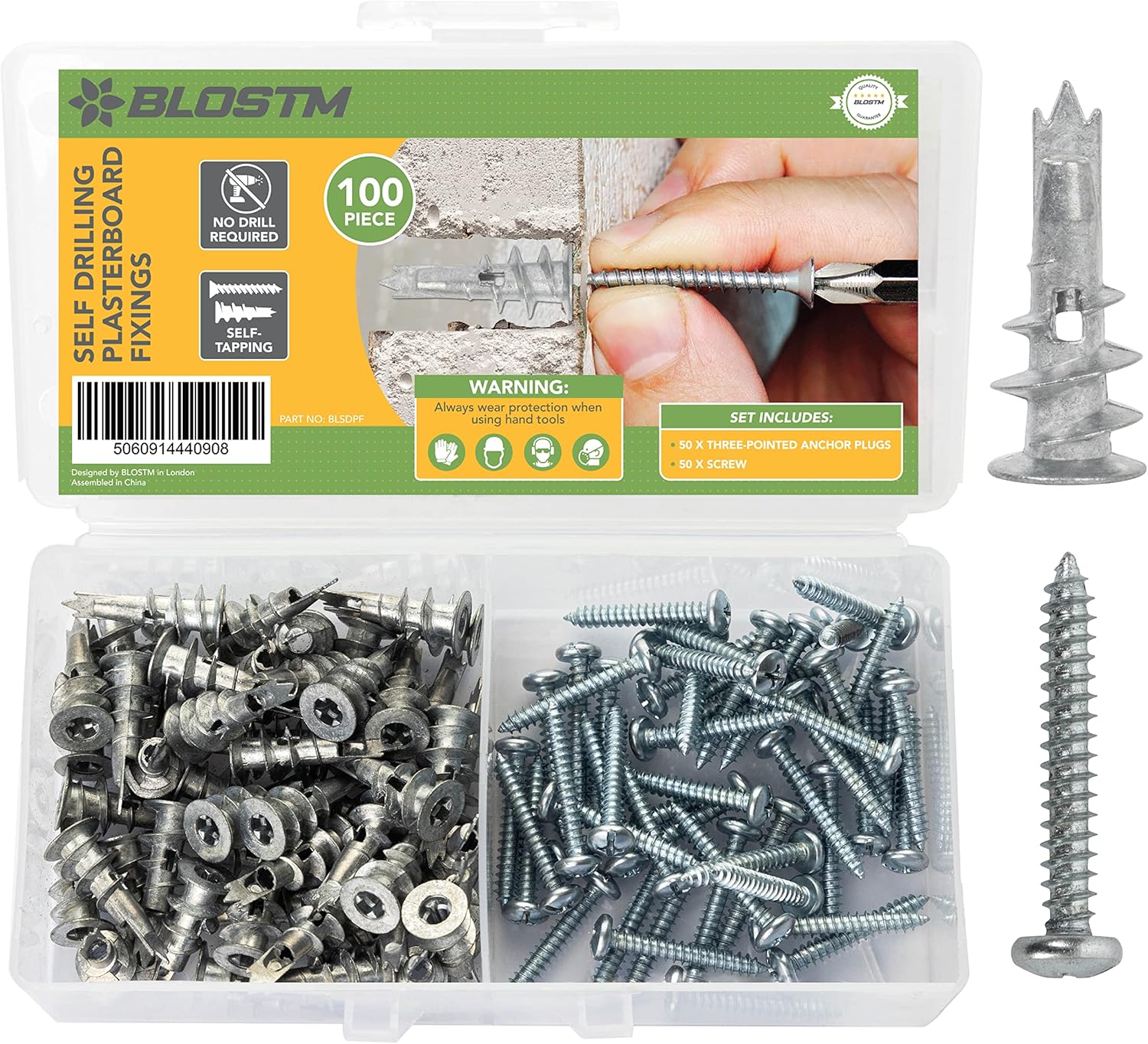 BLOSTM Self Drilling Screws Plasterboard Plugs Set of 50 Easy Self