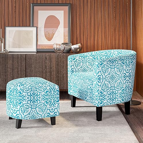 Miniatura 14 de Silla Belleze Accent Club con brazos redondos modernos y elegantes, con otomana, con espalda curvada, impresión francesa, de lino y piel sintética,