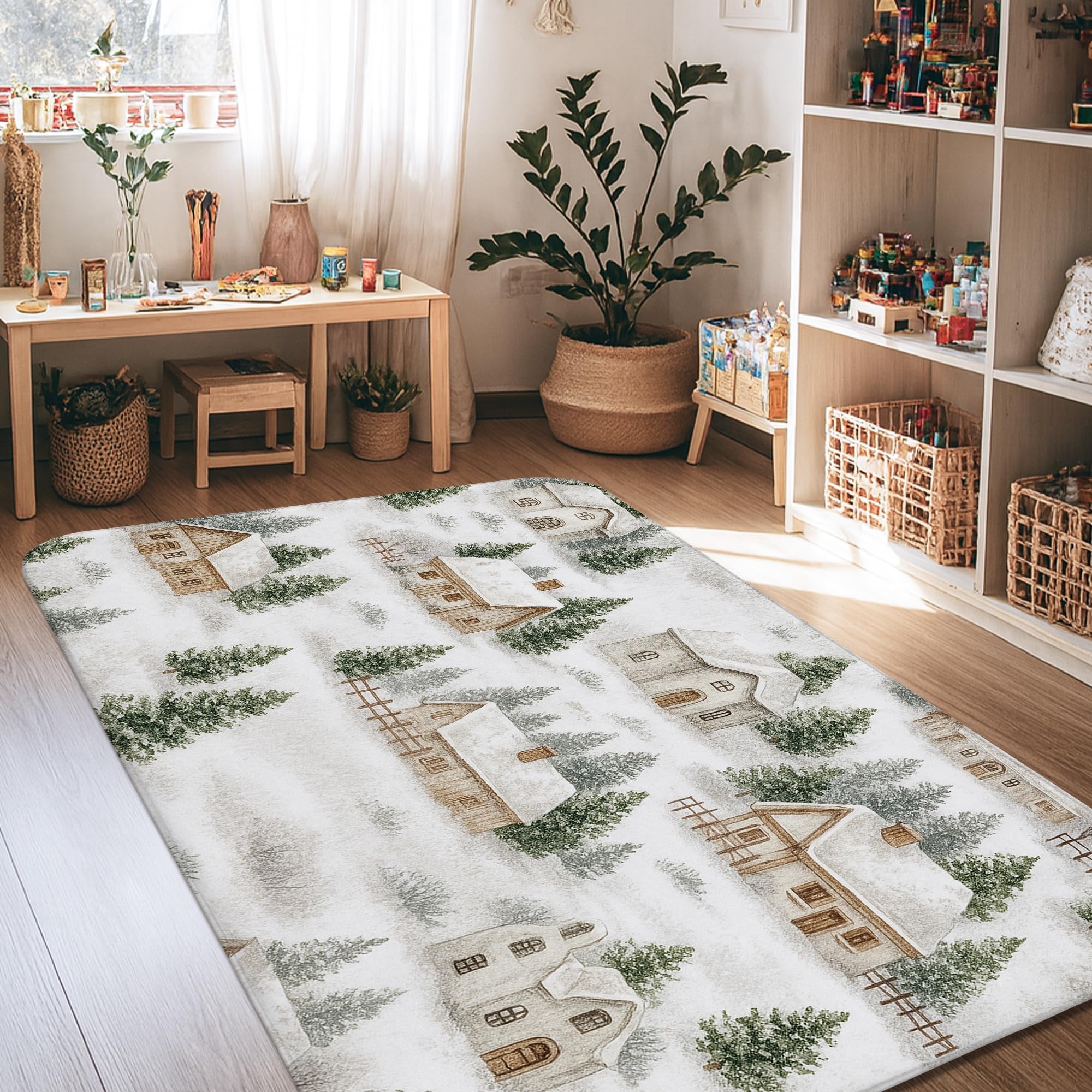 Tapis de chambre haut de gamme 1,2x1,8 m blanc au motif d'arbres enneigés rustiques