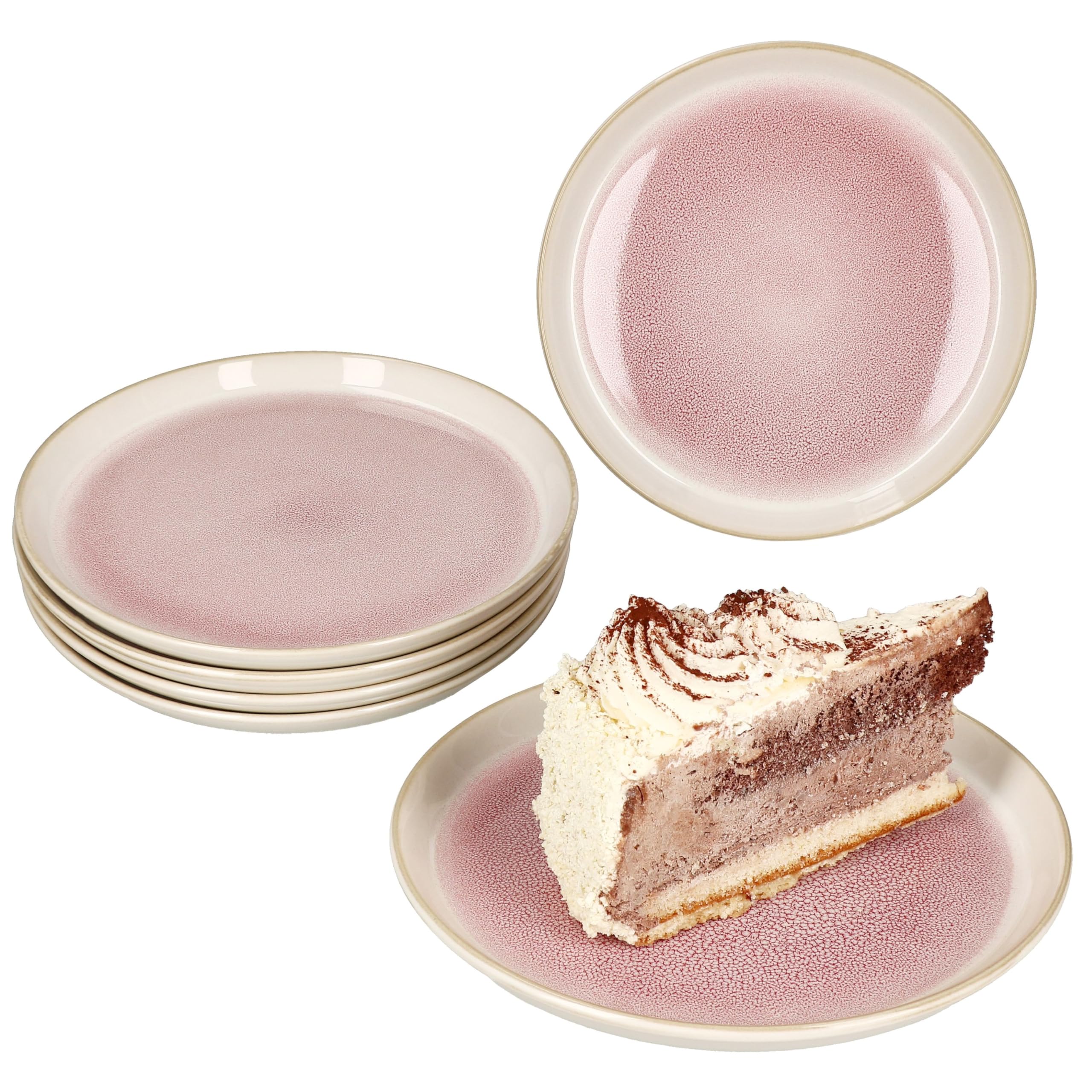 MamboCat Reactive Glaze Paris zestaw 6 talerzy do ciasta, kremowe i różowe, talerze śniadaniowe z kamionki, dla 6 osób, małe talerze do sałatek, deserów itp.
