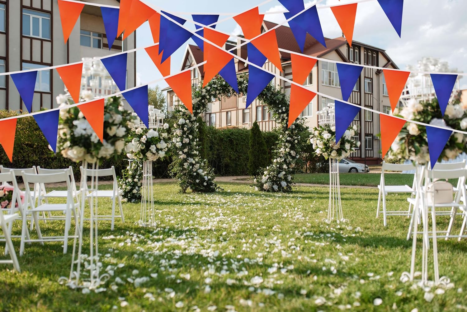 100 Ft Orange and Dark Blue String Flags Pennant Banner,Hanging Triangle Bunting Flags Blank Banners for Grand Opening,60 Pack