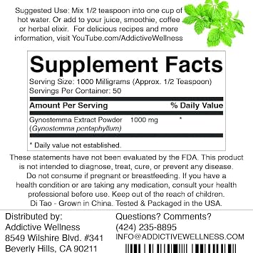 Addictive Wellness Jiaogulan Powder, Gynostemma Leaf Extract 10:1, 50g