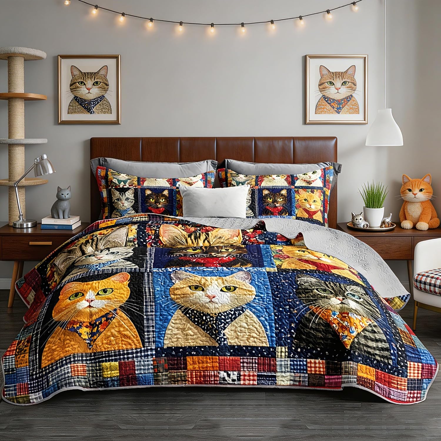 Cute Cat Quilt Set 3 Pieces Twin Size,Colorful Plaid Patchwork Animal Printed Bedding Sets for Kids Girls Room Decor,Soft Lightweight Bedspreads Sets with 2 Pillowcases.