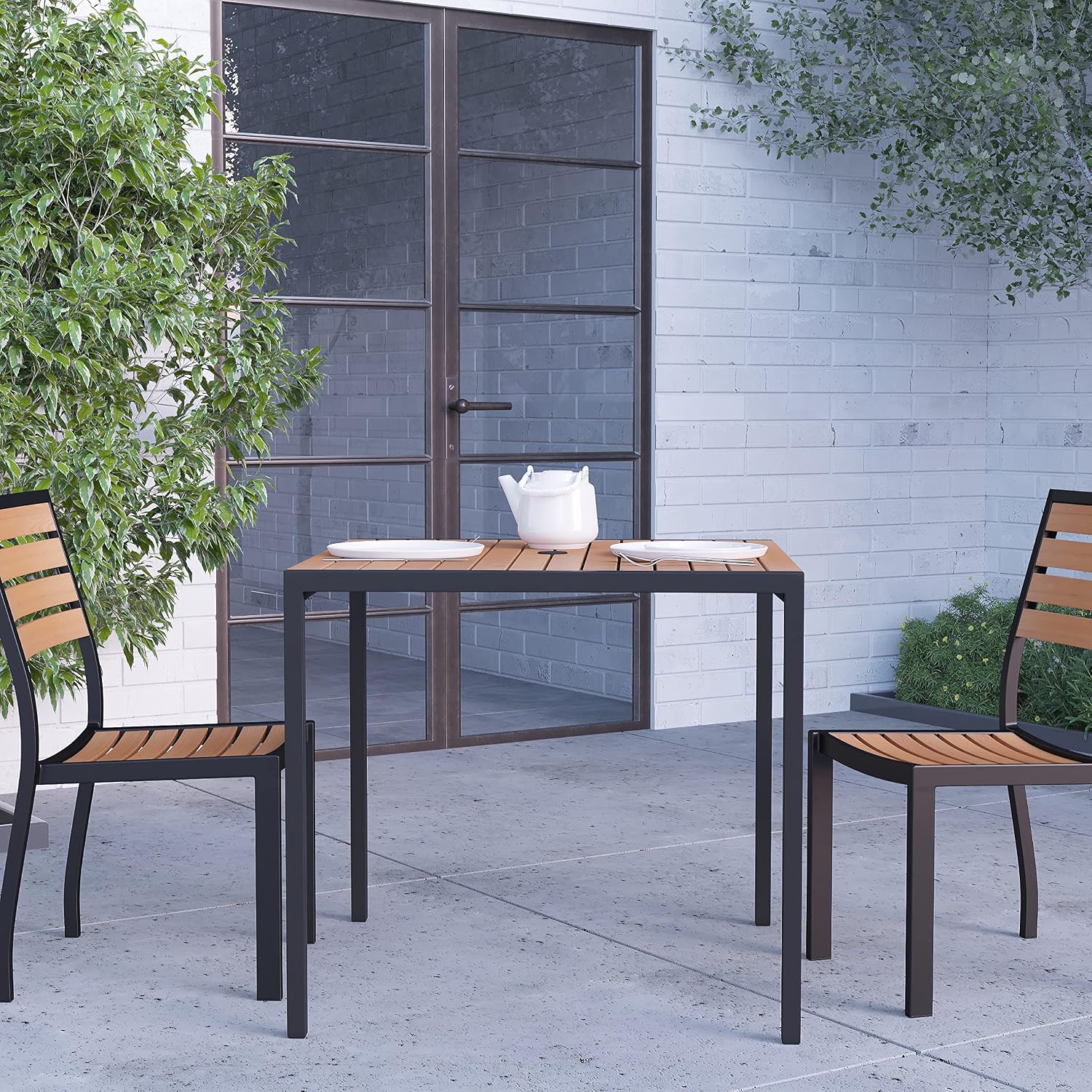 Merrick Lane Outdoor Dining Table - Faux Teak Poly Slat Top - Powder Coated Steel Frame - 35.25" x 35.25" Square Top - Metal Screw Construction