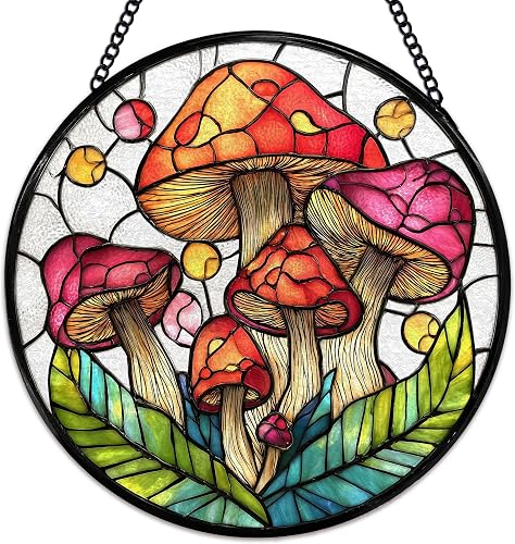 Hiuwevt Mushroom Suncatcher Stained Glass Window Hanging, Mushroom Sun Catchers 