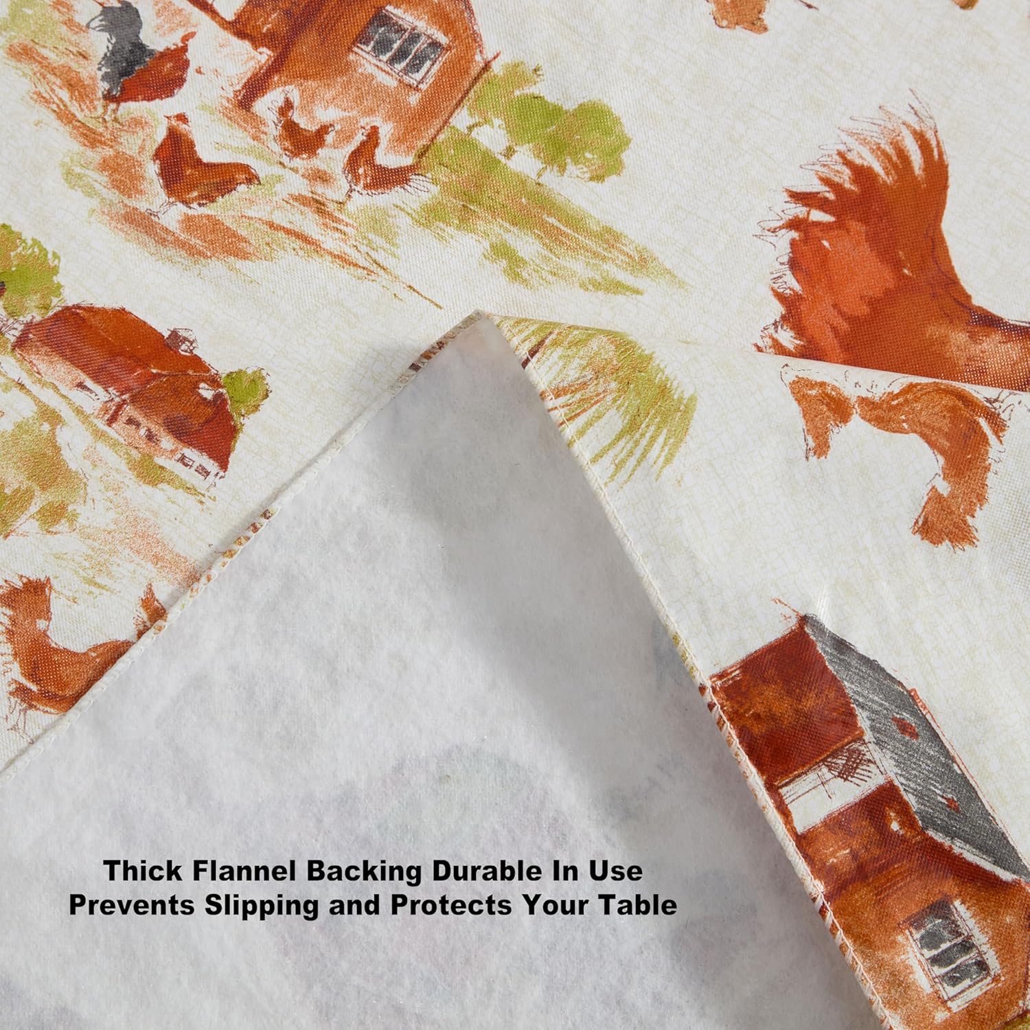 Newbridge Rooster Farm Vinyl Tablecloth with Flannel Backing, 60 x 120 Inch Rectangle, Rustic Country Rooster & Farm Scene Print, Easy Care Wipe Clean Indoor Outdoor Table Cover
