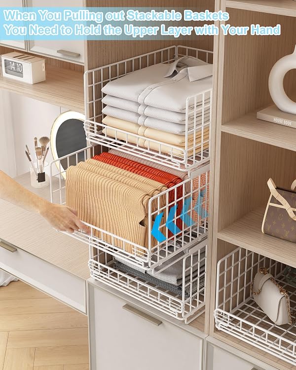 UMDONX 6 Pack Closet Storage Organiser Pull out Drawer Clothing Basket - Wardrobe Stackable Bins Shelf for Cabinet Cupboard (Durable Matel White) by UMDONX - Image 6