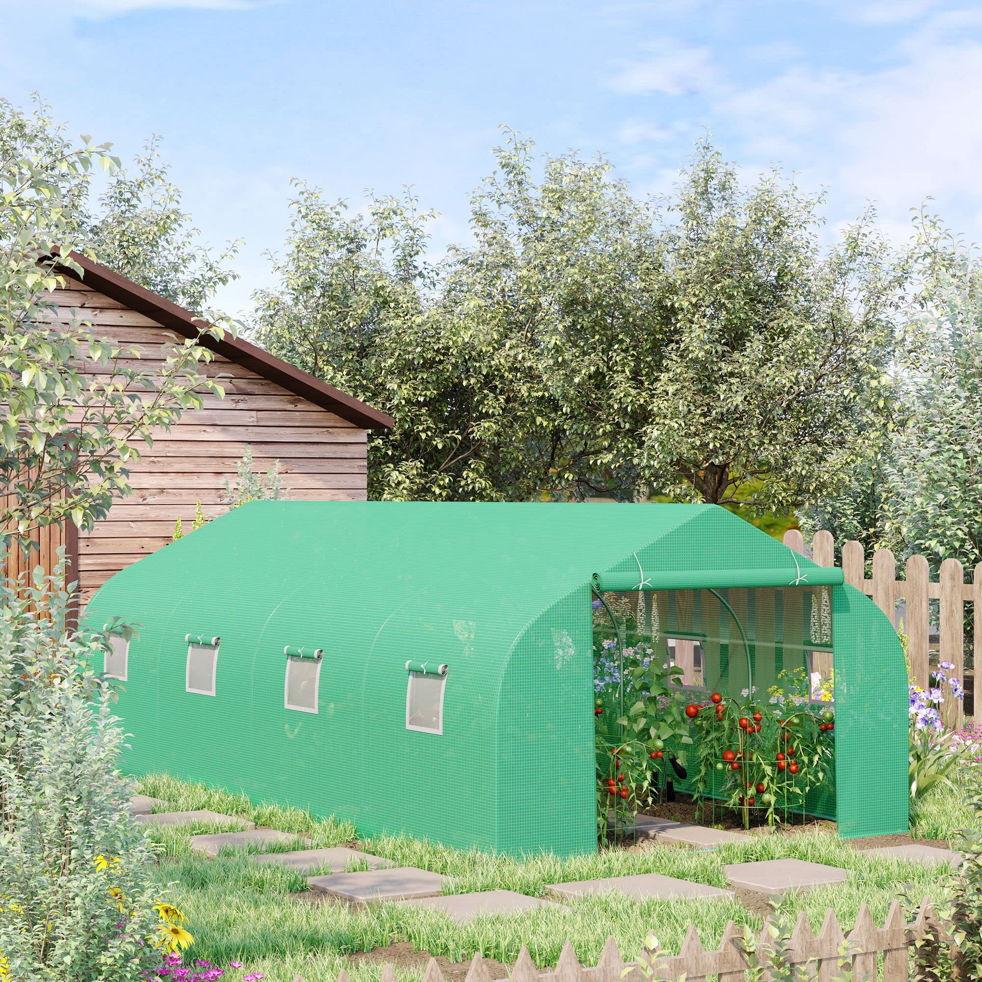 Serra da Giardino 6x3x2 mt con Tetto a Spiovente, 8 Finestre e Porta Avvolgibile in Acciaio e PP colore Verde