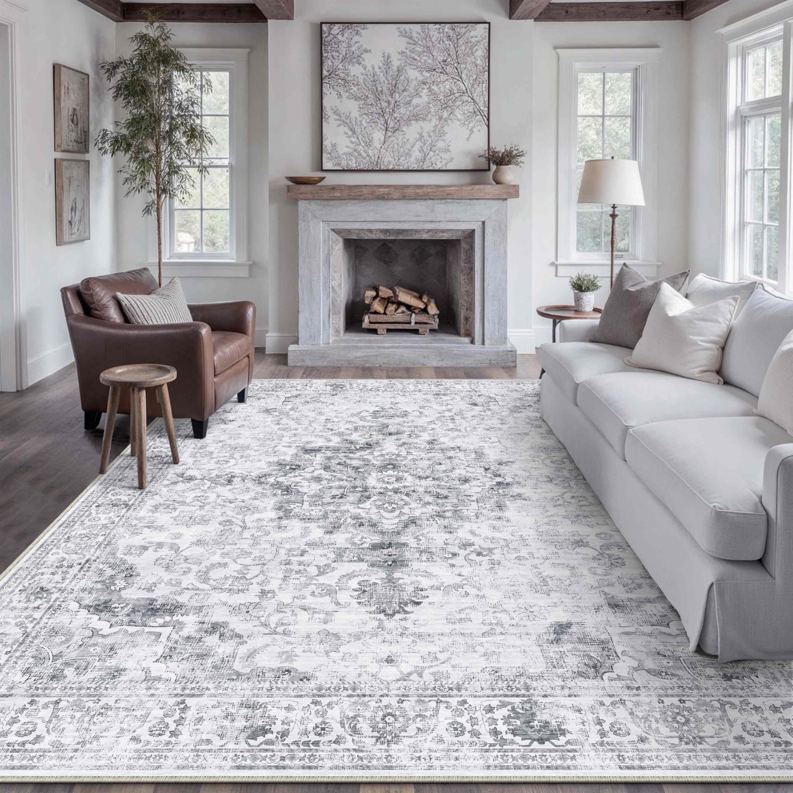 HUGEAR Washable 8x10 Area Rugs Retro Grey Living Room Bedroom Rug Vintage Distressed Non Slip Stain Resistant Low Pile Neutral Throw Carpet for Home Decor