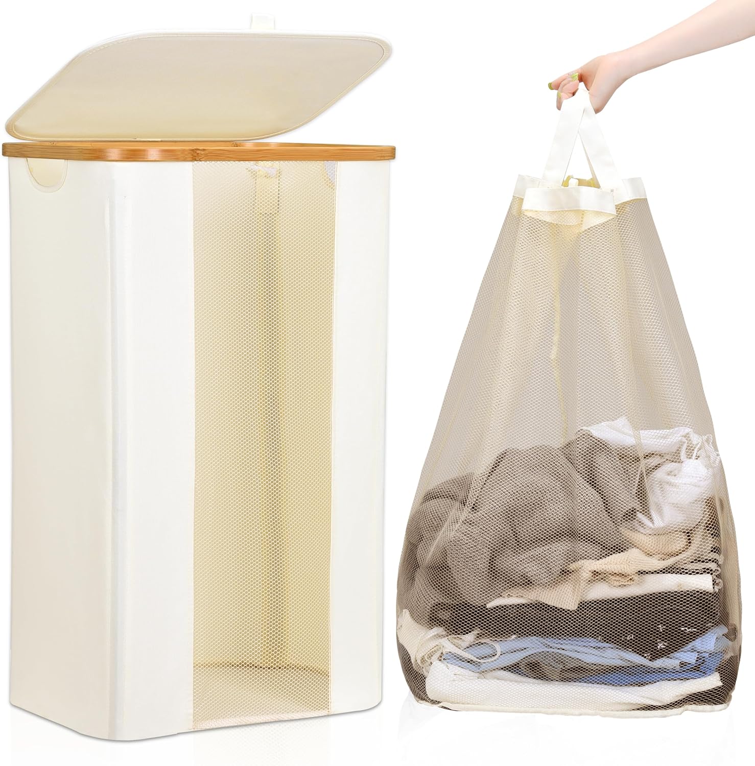 ELONG HOME Laundry Basket, 100L Grey Collapsible Laundry Baskets with Removable Liner and Bamboo Handle, Laundry Basket with Lid for Bathroom, Bedroom & Laundry Room