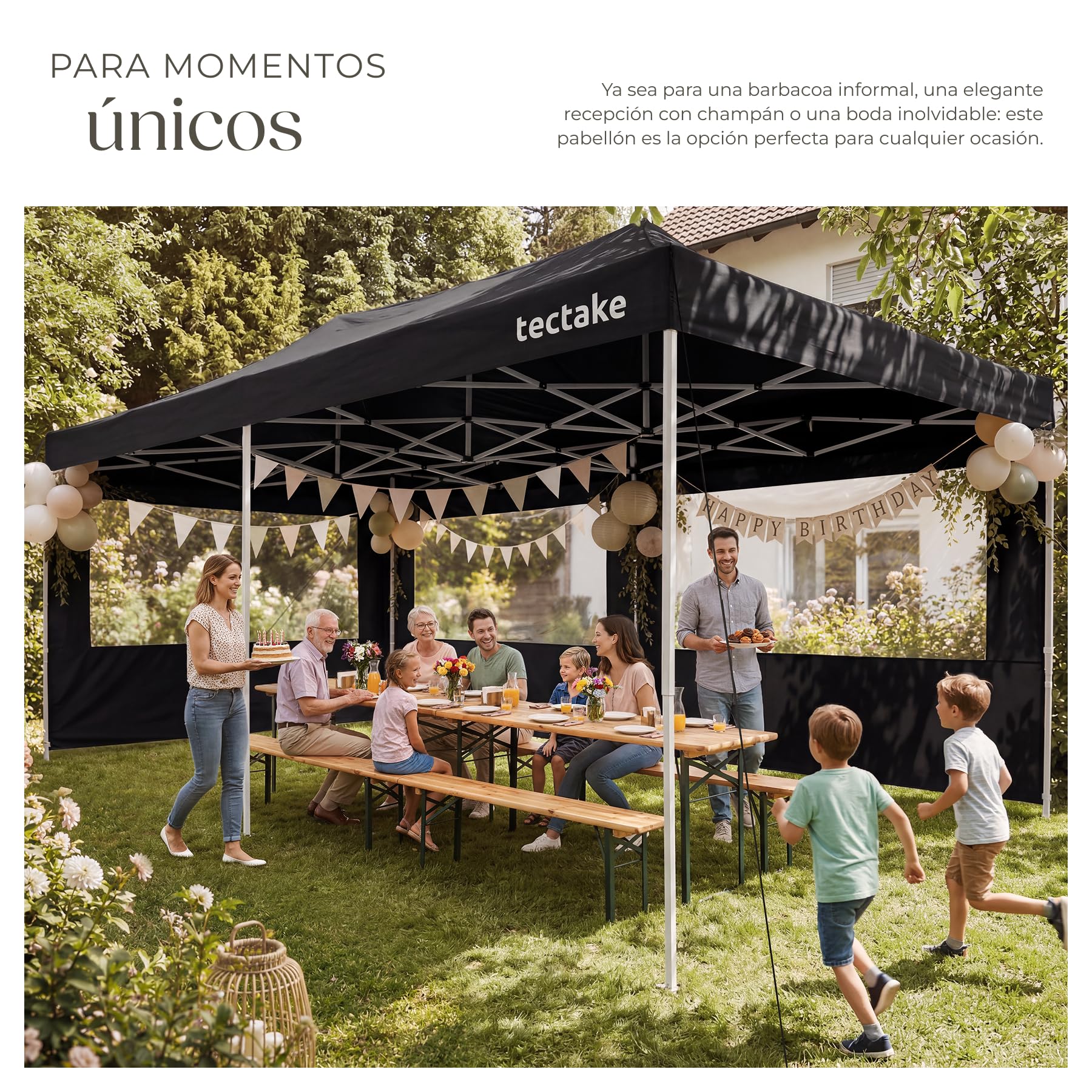 tectake® Carpa Plegable 600 x 300 x 290-316 cm, Cenadores para Jardin, 6 Paneles Laterales Desmontables, 3 Ventanas, Carpas para Exteriores, Pergolas de Jardin, Carpa Playa, Toldo Playa - Negro