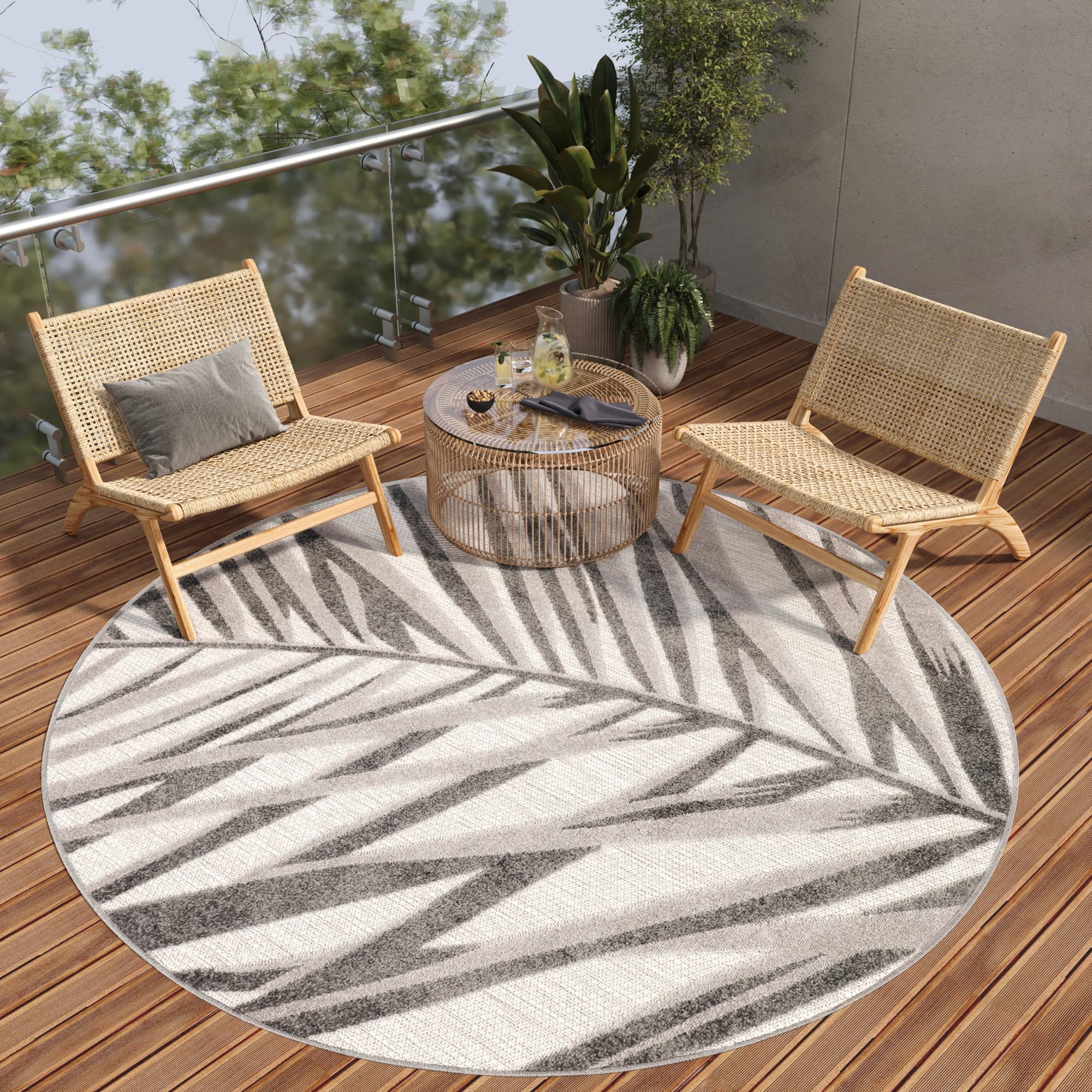 TAPISO Patio Redonda Alfombra de Pelo Corto Exterior Interior Resistente Moderna Efecto 3D Hojas de Palma Gris Beige Alfombra de Salón Terraza Cocina Habitación Balcón Oeko-Tex 160 x 160 cm