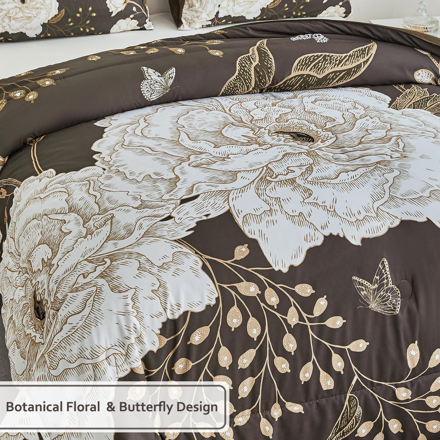 PERFEMET Brown Floral Comforter Set King Size, 3 Pieces Botanical