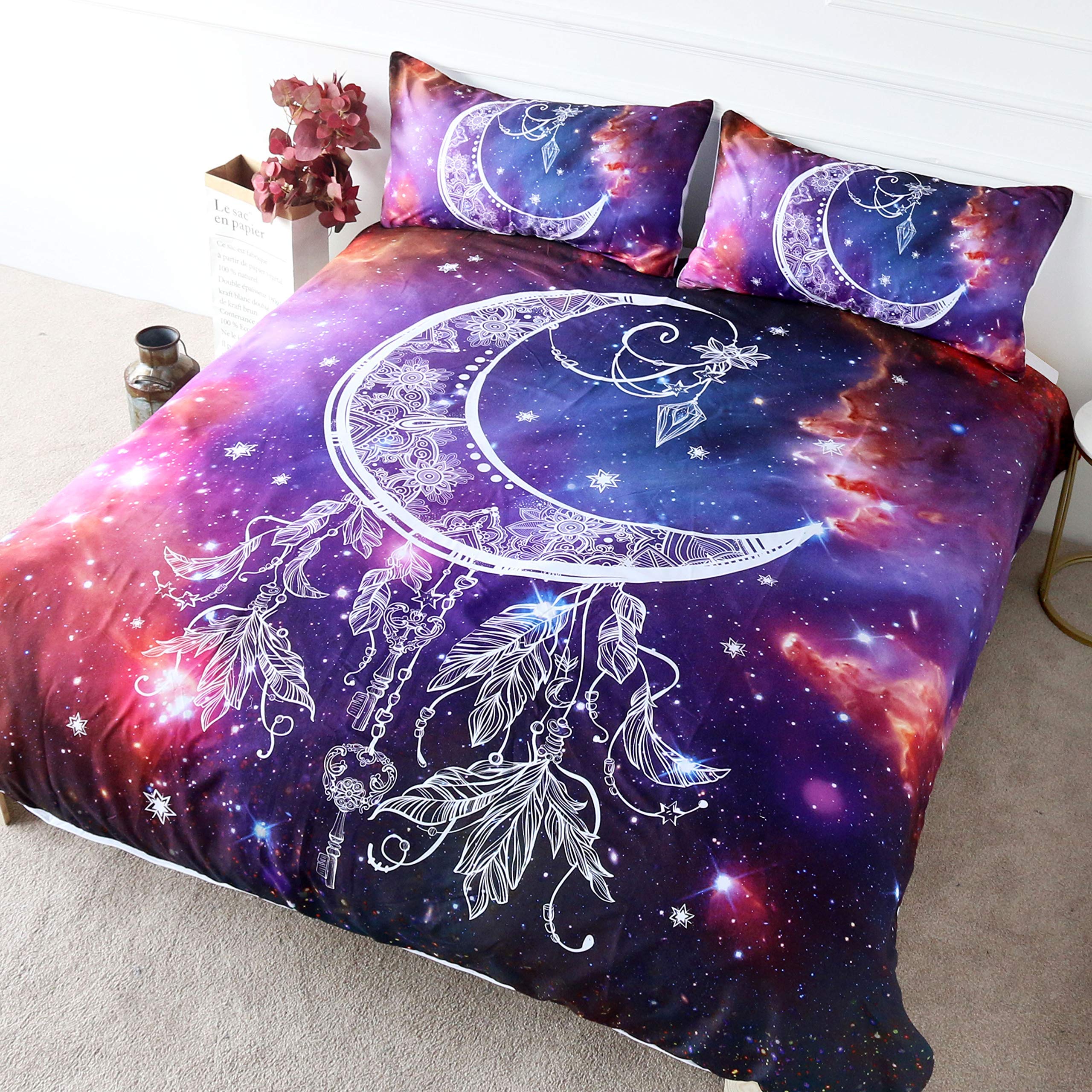 Blessliving Star Galaxy Bedding Crescent Moon Duvet Cover Purple Pink Bedding 3 Pieces Feather Design Quilt Cover Space Bed Set (Double)