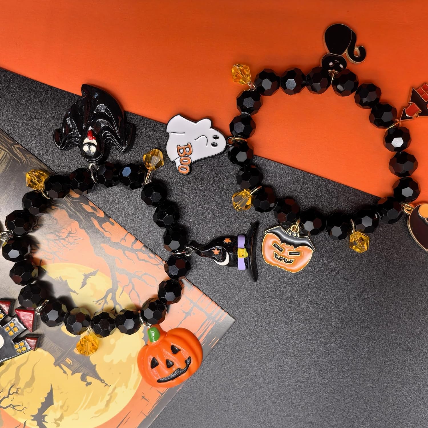 Halloween Beaded Bracelets for Women - Pumpkin Ghost Bat Haunted House Witch Hat Black Cat Stretch Charm Bracelet Halloween Jewelry Gift - Image 5