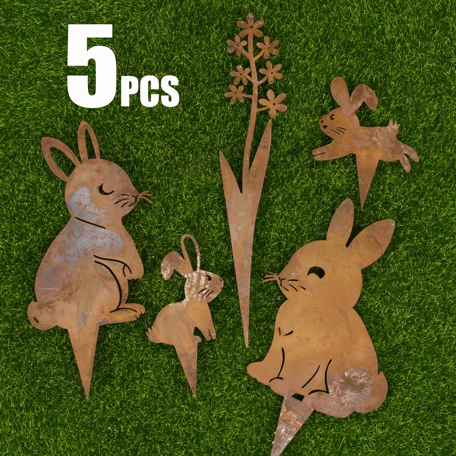 BOFUNX 5pcs Signes de Cour Pâques Signe de Pelouse en Fer Rouillé Forme de Lapin Panneaux de Pâques Piquets de Jardin Décorations Extérieures Jardin de Pâques