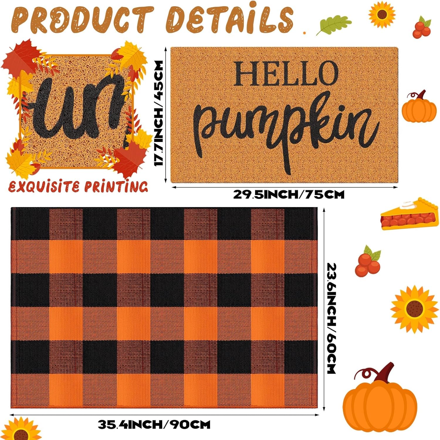 Duraaamo 2 Pcs Fall Door Mat Welcome Doormat Imitation Coir Mats Front Porch Entryway Mats for Fall Autumn Thanksgiving Halloween Indoor Outdoors Decor(Plaid, Hello Pumpkin,Orange, Black)