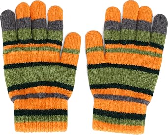 Striped Orange and Green Fuzzy Gloves - Soft Knit Winter Gloves for Halloween Cosplay Costume, Fancy Dress & Cold Weather