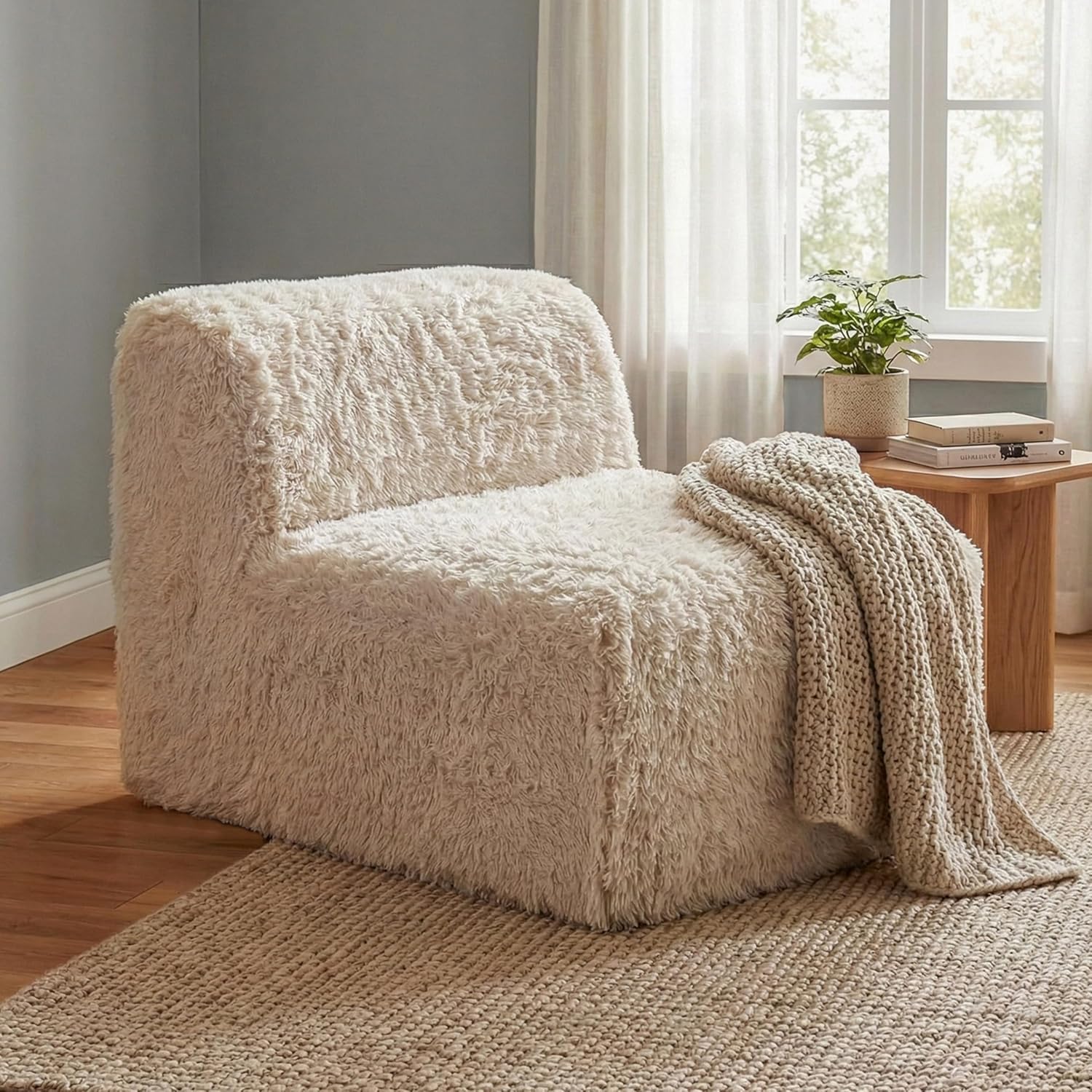 Furniture of America Havyn Modern Faux Fur 1-Seater Modular Armless Foam Sofa Chair with Deep Seat, Compressed Couch in a Box, No Assembly Required, for Living Room and Office, Sand