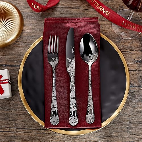 Miniatura 5 de Fivent Juego de cubiertos Jungle Black - 20 piezas incluye 8 cucharas 8 tenedores 4 cuchillos acero inoxidable apto para lavavajillas vajilla pulida