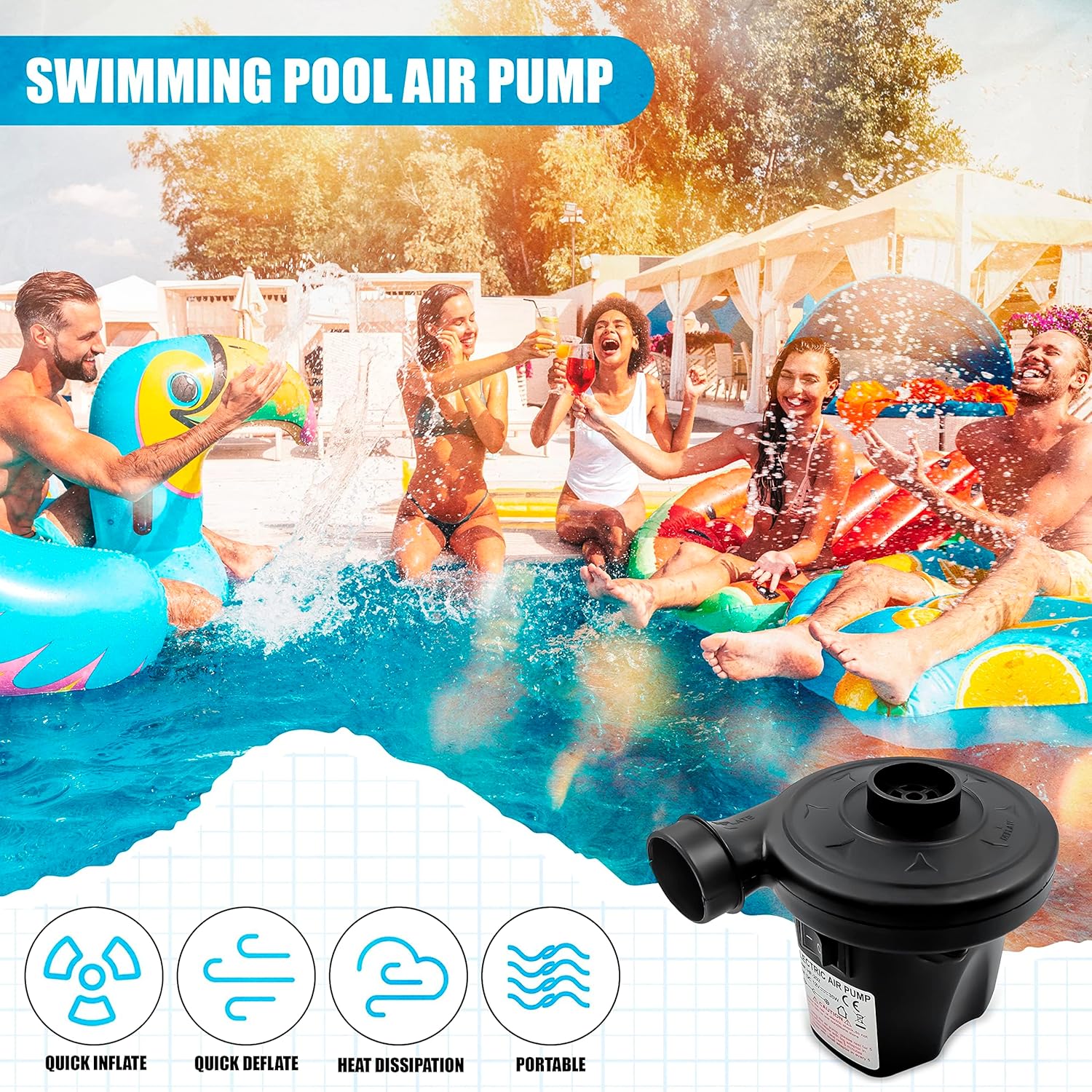 Roe Tenpo Electric Air Pump with 3 Nozzles/Inflate Or Deflate Swimming Ring, Airbeds, Paddling Pools & Other Toys / AC110-240V/ DC12V/50W (Black-Air-Pump) — image 2