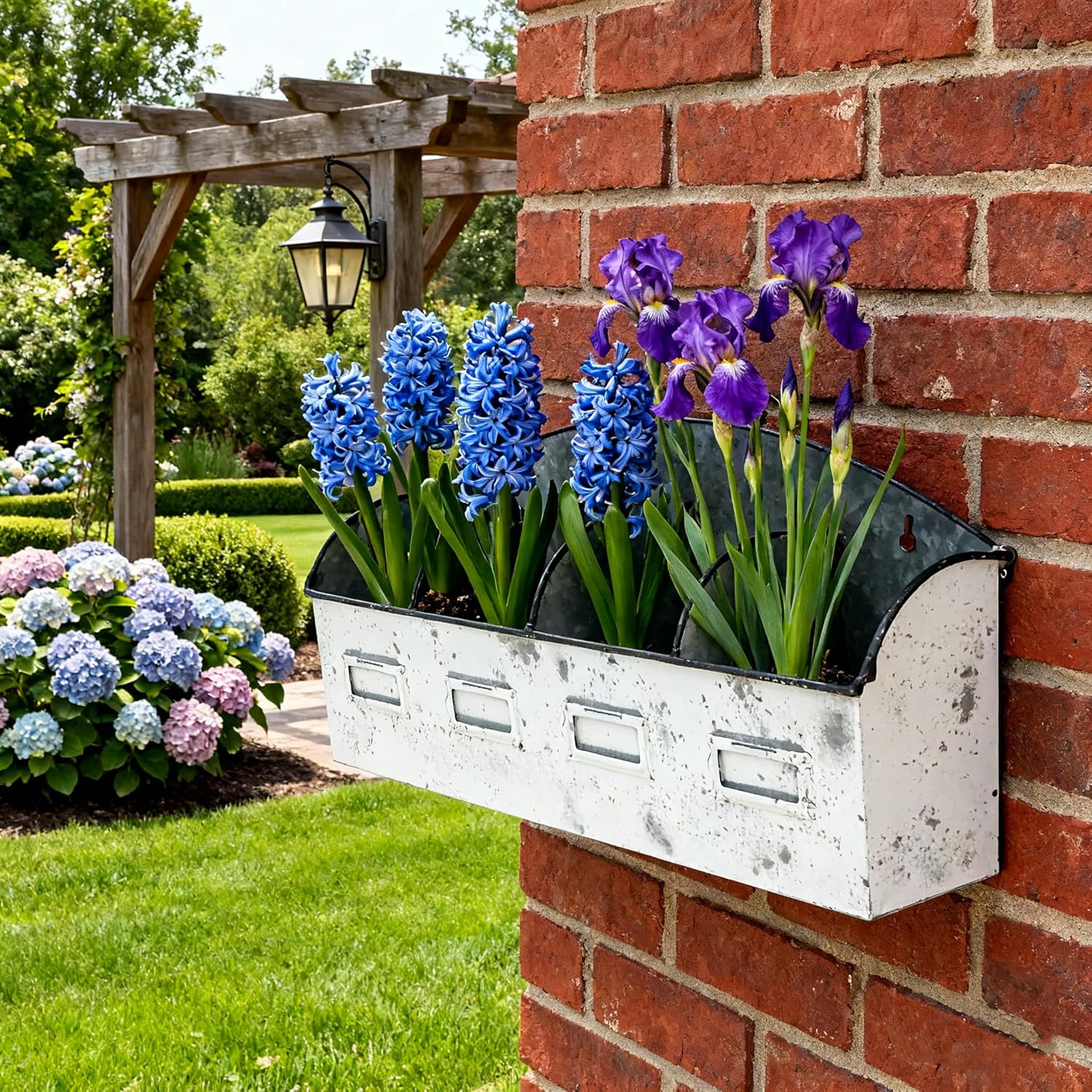 Vintage Galvanized Metal Wall Planter, Distressed White Hanging Flower Pot with 4-Compartment for Succulents, Herbs, Indoor Outdoor Garden Decor