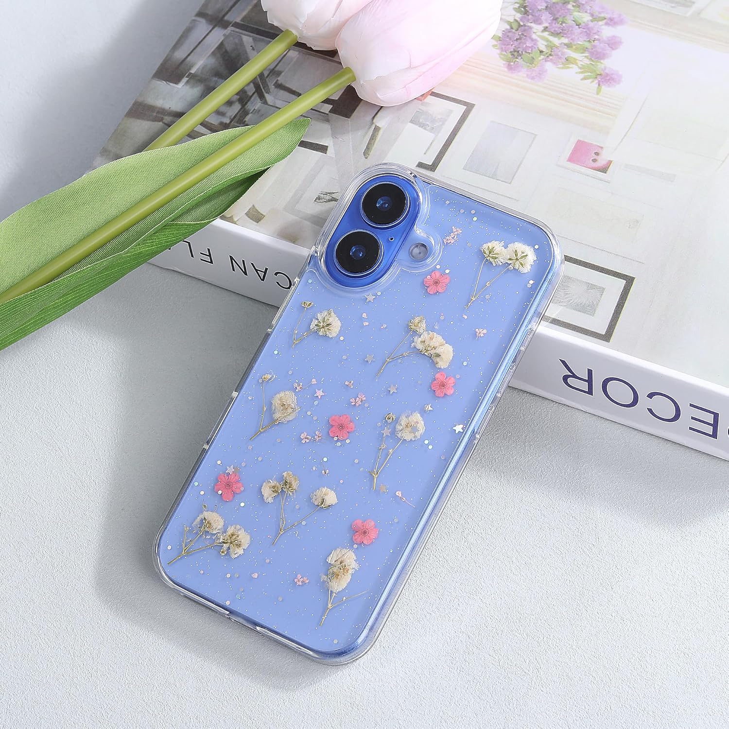 YUCHii for iPhone 16 Clear Case,Aesthetic Floral Phone Case with Pressed Real Flowers Design,Glitter Cute Floral Pattern Women's Phone Case Slim Soft TPU Protective Girl's Phone Cover for iPhone 16 - Image 2
