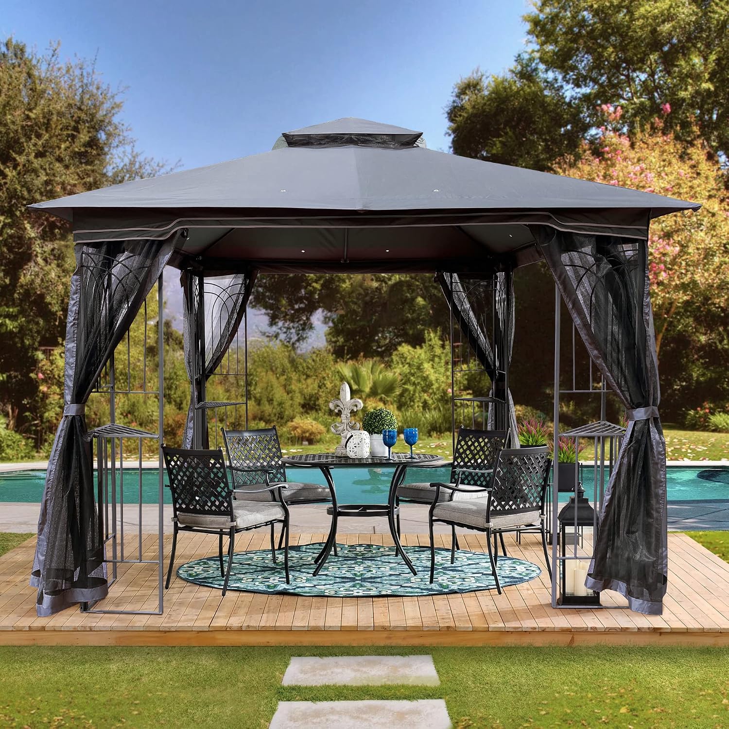 YOPTO 10x10 FT Patio Steel Gazebo,Canopy Tent wiht Ventilated Double Roof and Mosquito Net,(Detachable Mesh Screen On All Sides),Waterproof Garden Pergola for Backyard,Swimming Pool,Gray