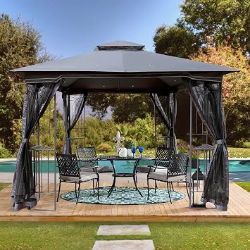 KUIKUI 10x10FT Patio Canopy Gazebo, Outdoor Gazebo with Mosquito Netting, 2 Tier Soft Top Gazebo Canopy for Patio Backyard Garden Camping, Gray