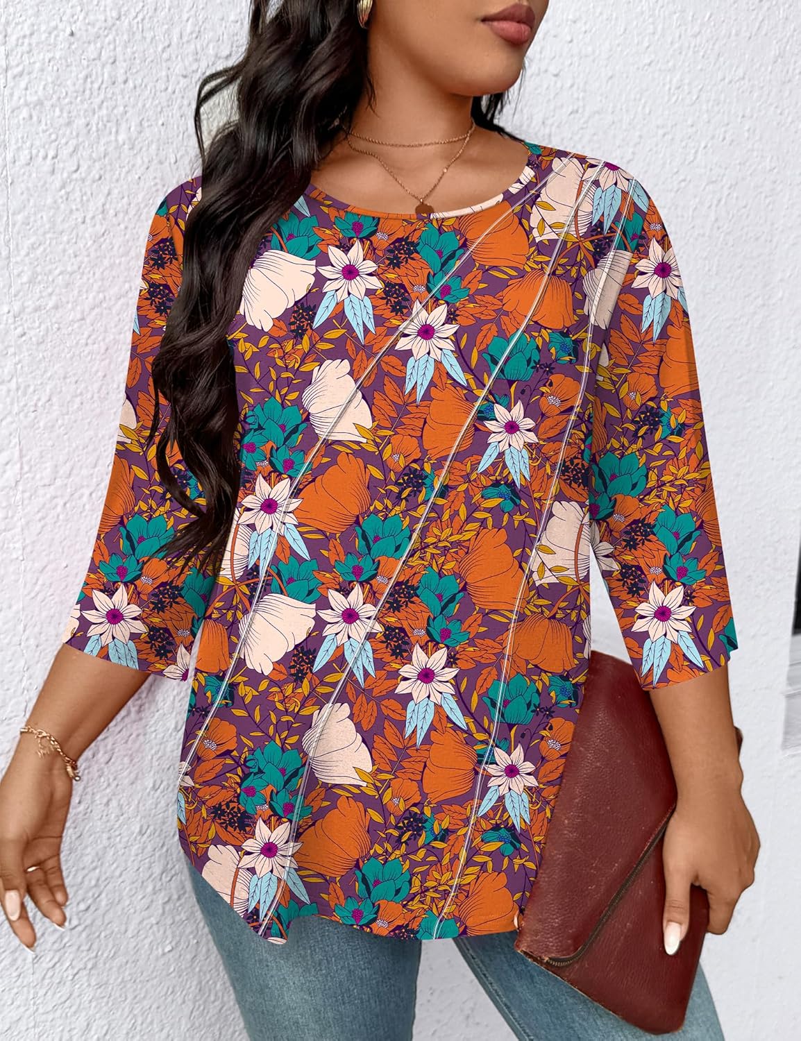 LOMON Womens Plus Size Tops 3/4 Length Sleeve Womens Tops Pleated Crewneck Fall Shirts Summer Blouses 2026 (1X-5X) - Image 4