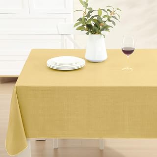 Lintex Cafe Hotel Linen Look Vinyl Flannel Backed Tablecloth, Heavyweight 4 Gauge, 60 x 104 Inch Rectangle, Yellow Indoor Outdoor Waterproof Wipe Clean Table Cover