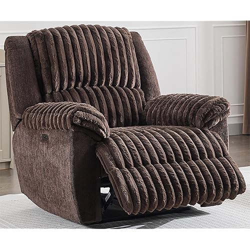 Oversized Power Recliner Chairs Zero Gravity for Big Man Faux Fur Electric Extra Large Recliners with USB Port for Living Room Soft Overstuffed Reclining Theater Seating 26" Seat Width Brown