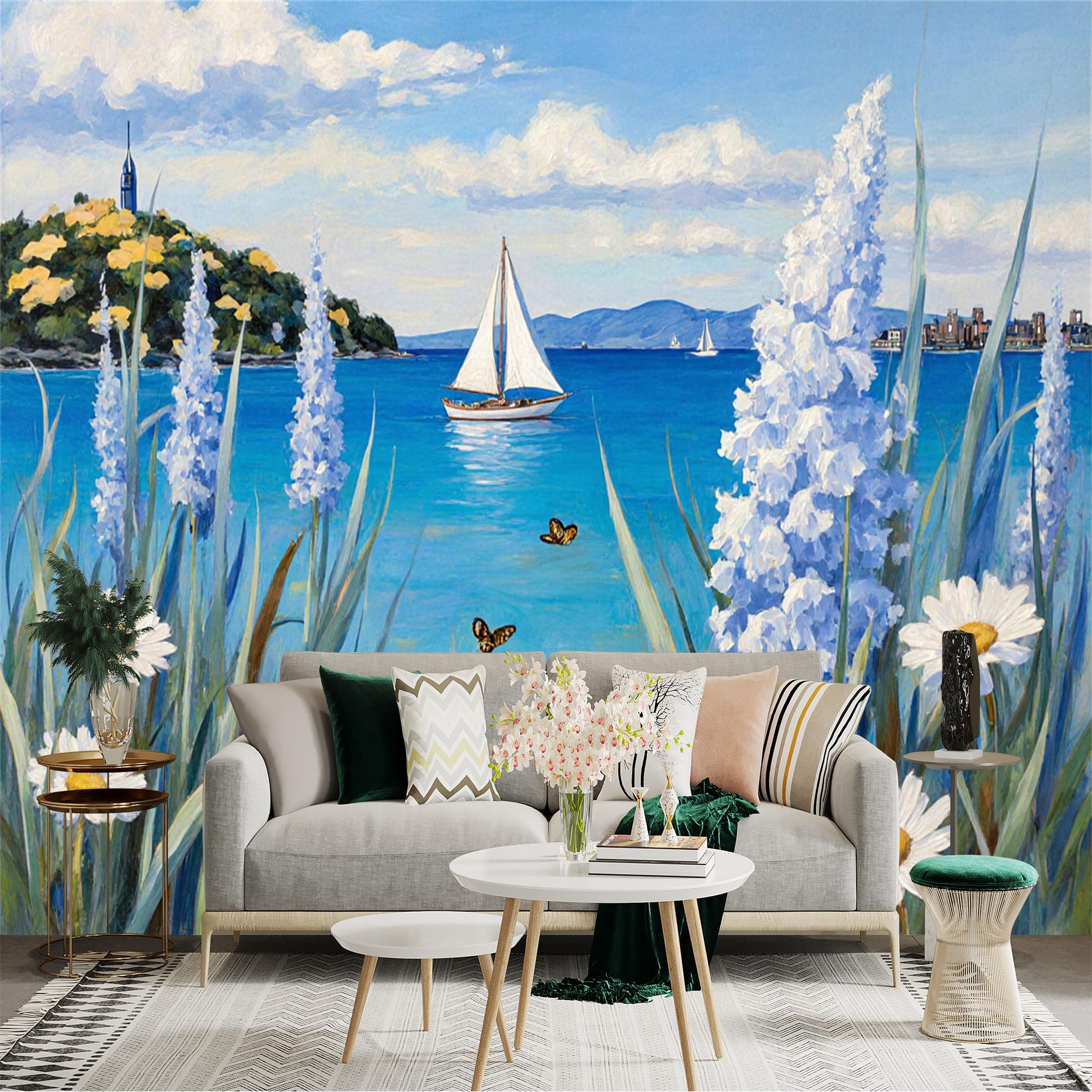 Custom Size Wall Sticker Mural， Sailboat on Blue Sea with Daisy Flowers， Butterfly and Coastal Landscape， for wall Decoration， peelandstick wall Decals.