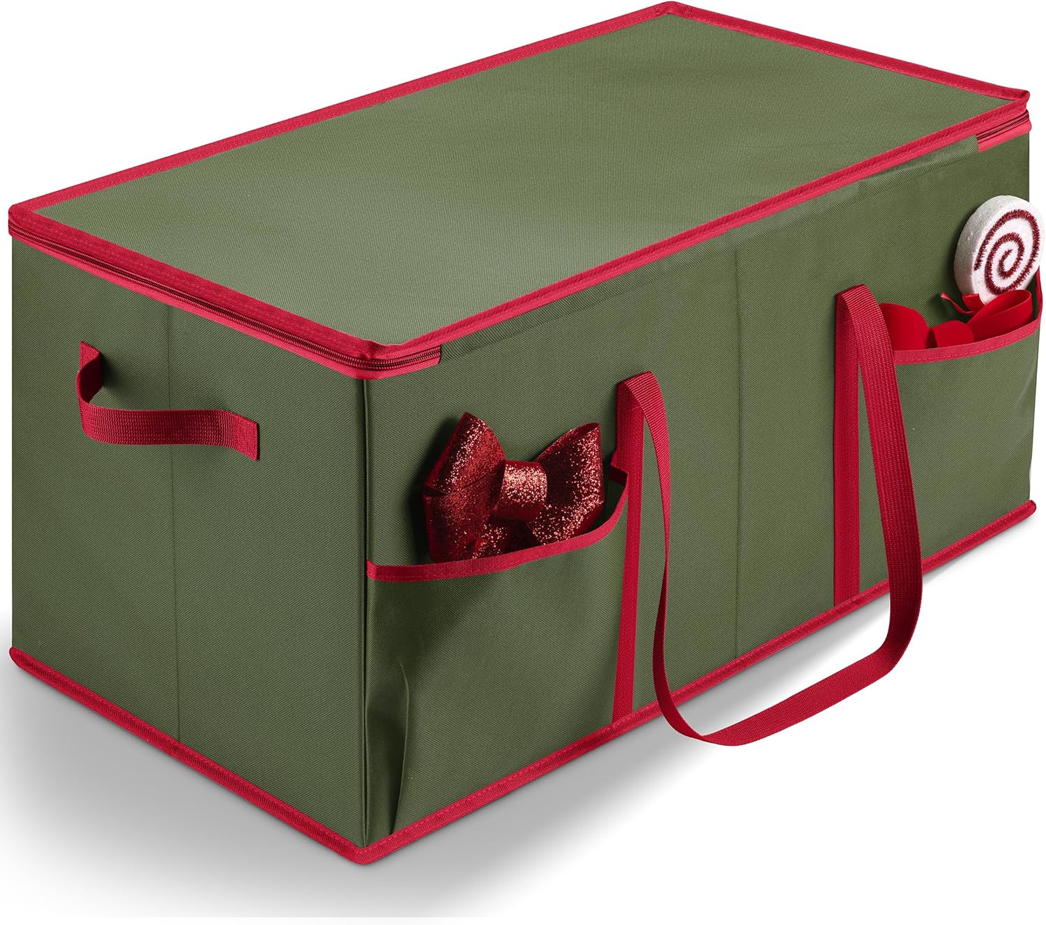 Christmas Ornament Storage - Stores up to 128 Holiday Ornaments, Adjustable Dividers, Zippered Top, Two Handles. Attractive Storage Box Keeps Holiday Decorations Clean and Dry for Next Season (Green)