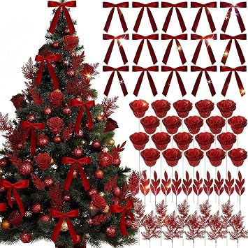 56 Pcs Red Roses Bows Christmas Tree Theme Sets Ornaments Decorations Artificial Leaf Faux Rose for Wreath Tree Topper Garland Centerpieces Holiday Fireplace Wedding