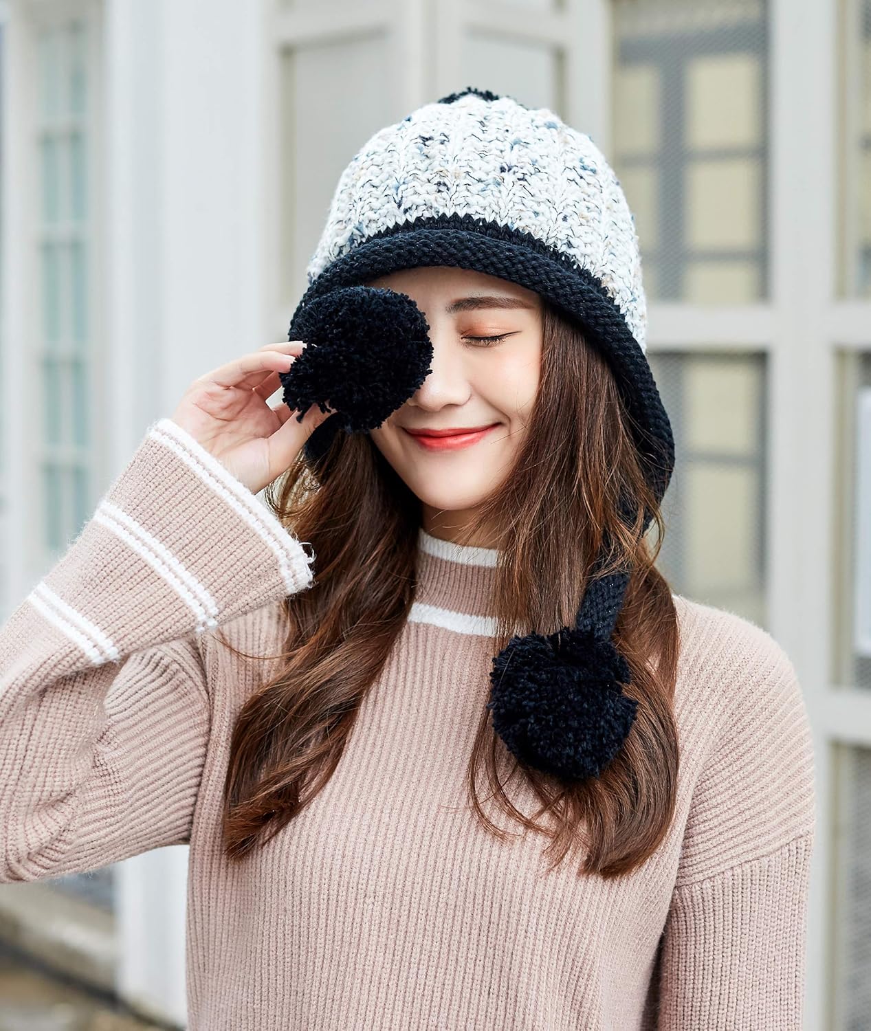 Women Winter Peruvian Cover Ears Beanie Hat Ear Flaps Sherpa Ski Snow Hats Knit Fleece Lined 3 Pom Pom - Image 8