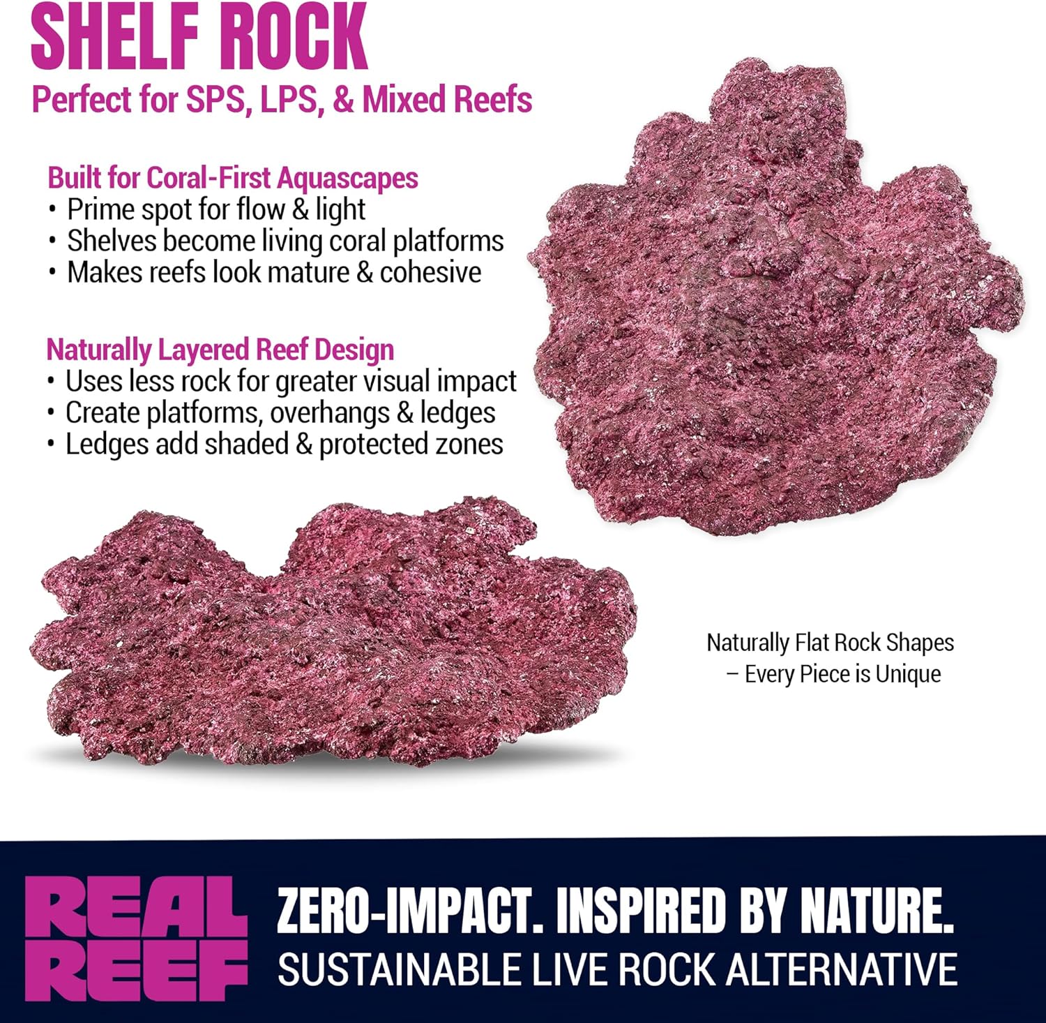 Shelf Rock, 10 lb Mixed Box - Artificial Live Rock for Saltwater Aquariums, Flat Table-Like Reef Rock for Marine Aquascapes & Coral Growth, Natural Purple/Pink/Red