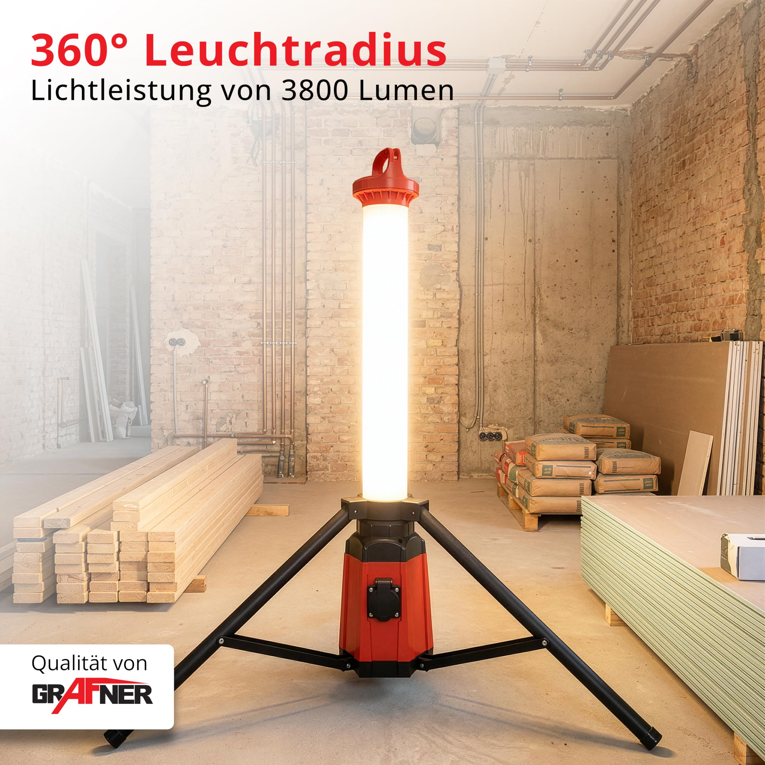 Grafner Profi LED Tower Baustrahler mit Steckdose und Stativ, 360° 3800 Lumen, 60 Watt, Höhe: 107 cm, IP44, 6500K Tageslichtweiß, Arbeitsleuchte Baustellenstrahler 360 Grad rundum Arbeitslampe Turm