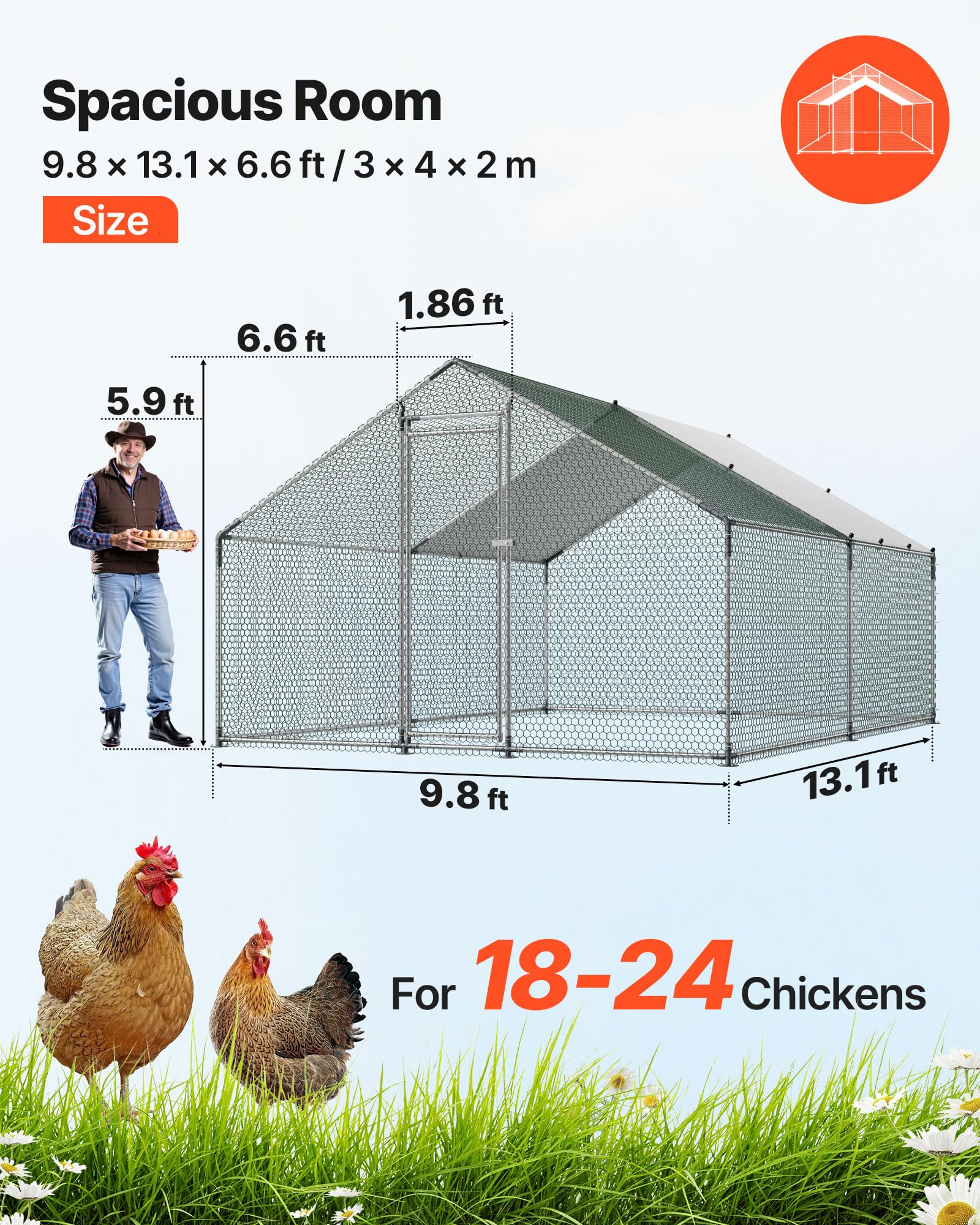 VEVOR Gallinero de Metal 3 x 4 x 2 m, Corral Grande para Gallinas con Cubierta, Cerramiento de Gallinero con Techo en Forma de Aguja con Cerradura de Seguridad para Patos, Conejos y Aves de Corral