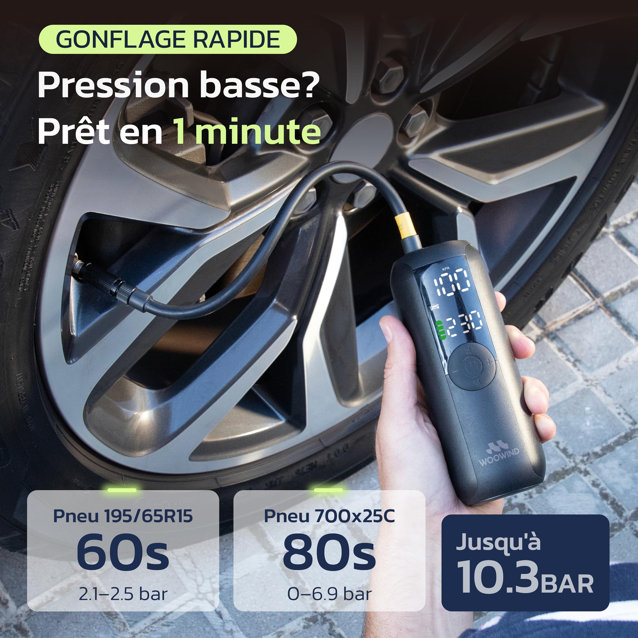 Woowind Gonfleur Pneus Voiture, Pompe A Velo, Gonflage en 1 Minute, 150PSI/10,3BAR Compresseur à Air Portatif pour Voitures, Vélos, Motos et Ballons avec Arrêt Automatique, Ecran LCD et Lampe LED