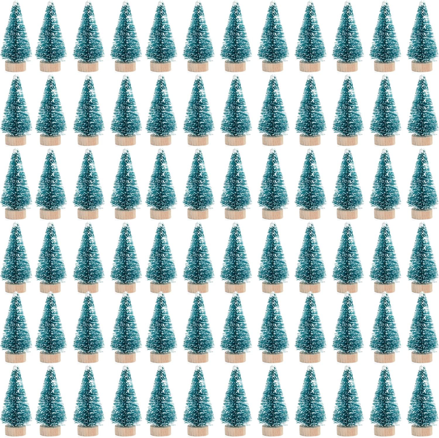 72 Pcs Mini Artificial Christmas Sisal Snow Trees with Wood Base, Blue-Green