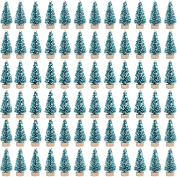 72 Pcs Mini Artificial Christmas Sisal Snow Trees with Wood Base, Blue-Green